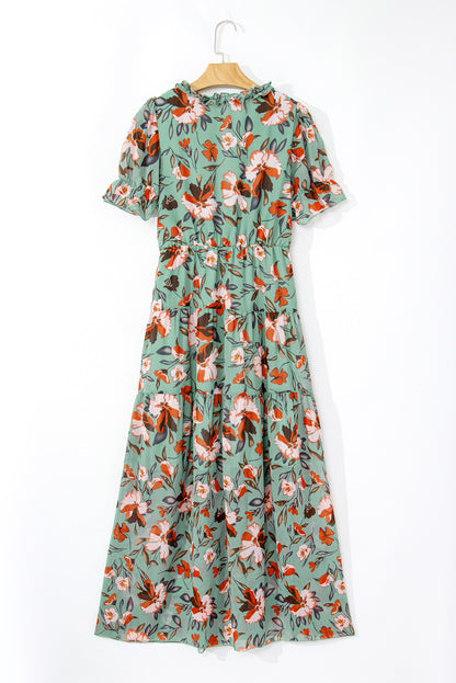 Sky Blue Floral V Neck Ruffle Short Sleeve Maxi Dress