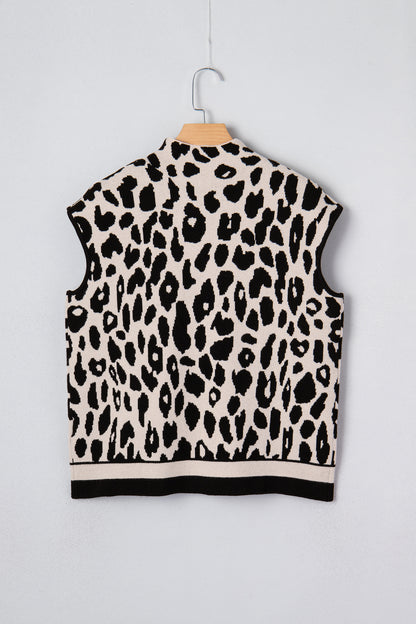 Leopard Print High Neck Short Sleeve Knit Top