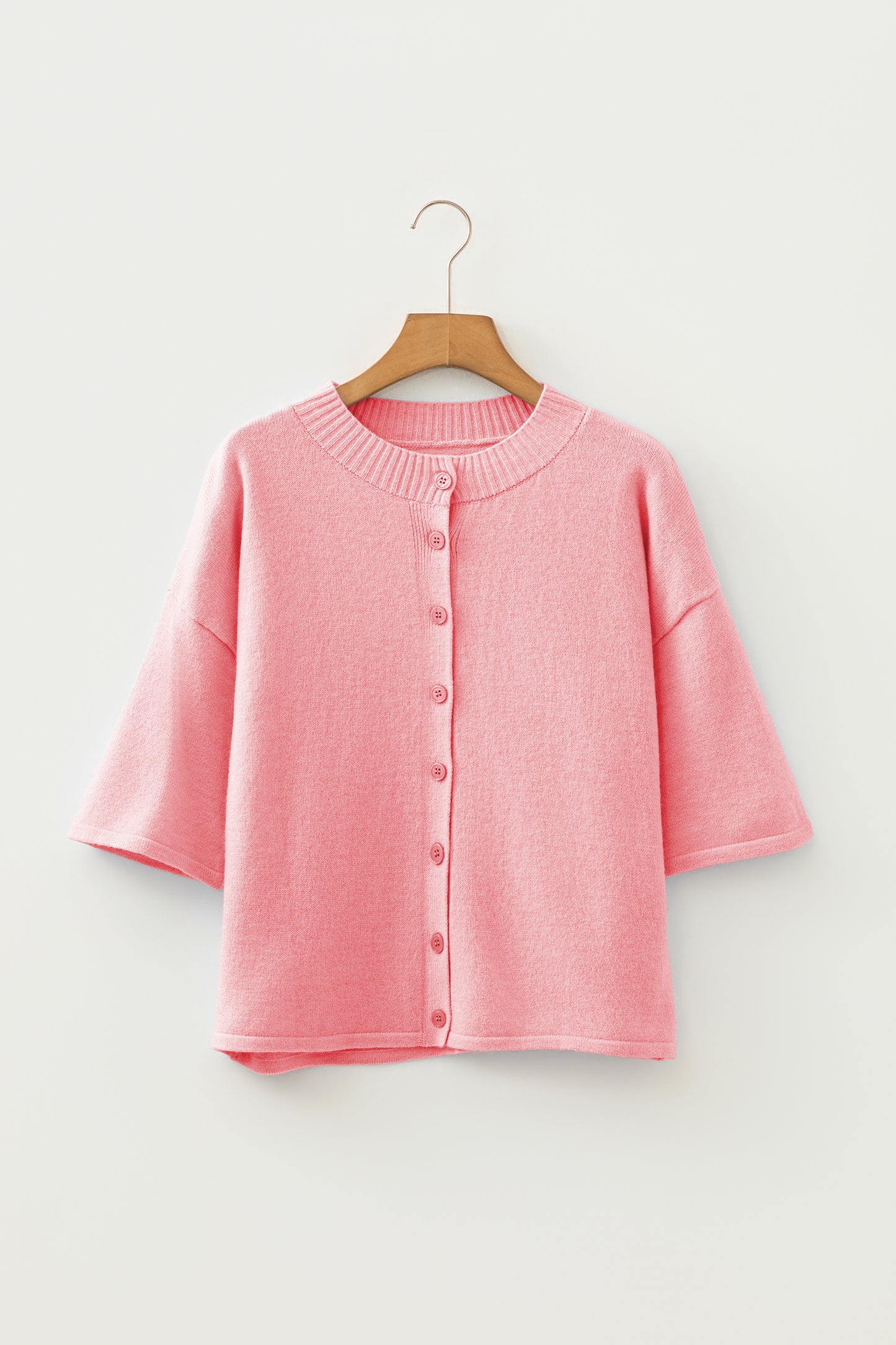 Soft Knit Boxy Cardigan 3/4 Sleeve Button Front