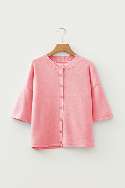 Soft Knit Boxy Cardigan 3/4 Sleeve Button Front