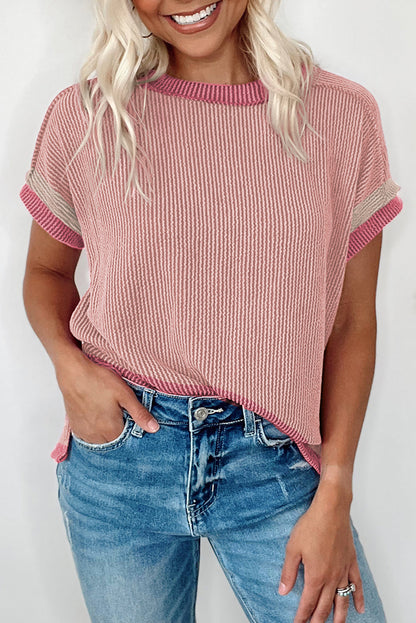 Bright Pink Textured Contrast Trim Round Neck T Shirt