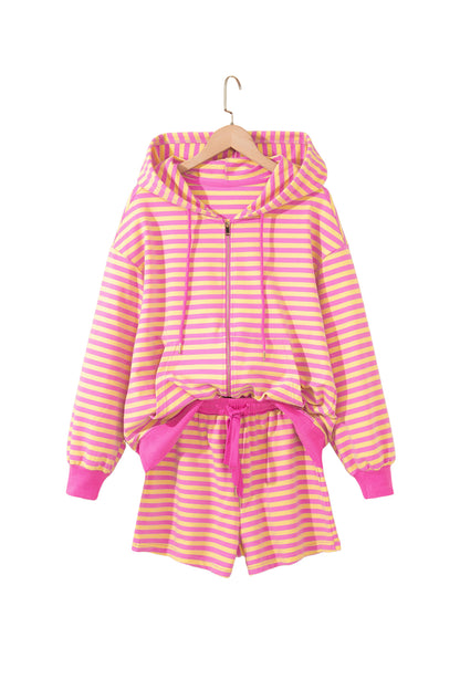 Striped Zip Up Hoodie Shorts Set Lounge Outfit