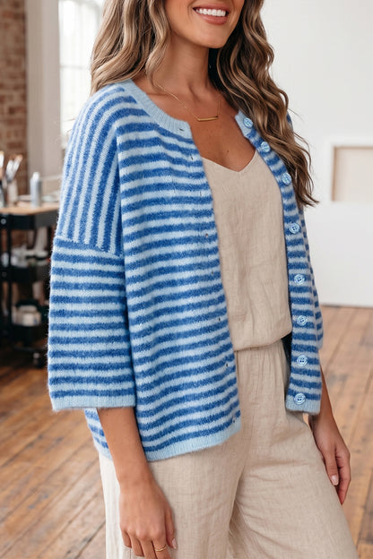 Blue Stripe Knit Cardigan Half Sleeve Button Front Sweater