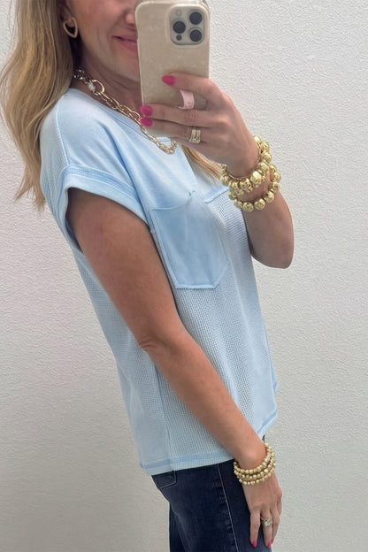 Waffle Knit Patchwork Pocket Loose Fit Casual T Shirt