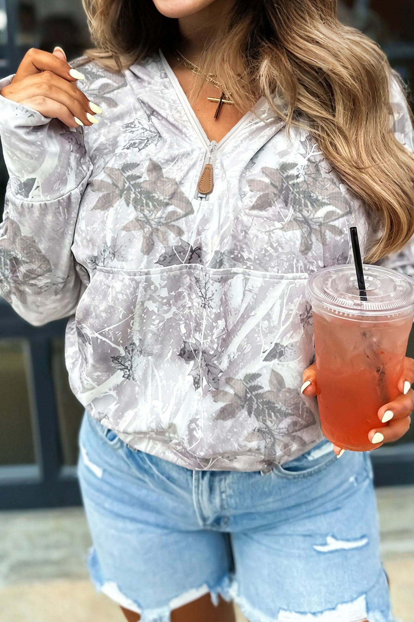 Gray Camo Leaf Print Quarter Zip Hoodie with Pocket