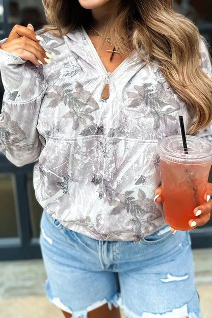 Gray Camo Leaf Print Quarter Zip Hoodie with Pocket