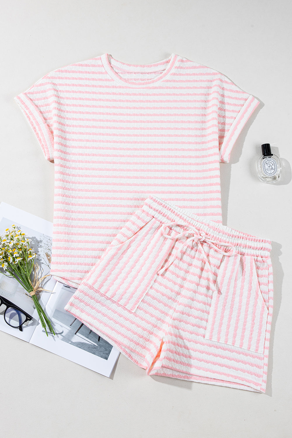 Pink Stripe Textured Knit Lounge Set Drawstring Shorts