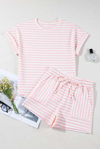 Pink Stripe Textured Knit Lounge Set Drawstring Shorts