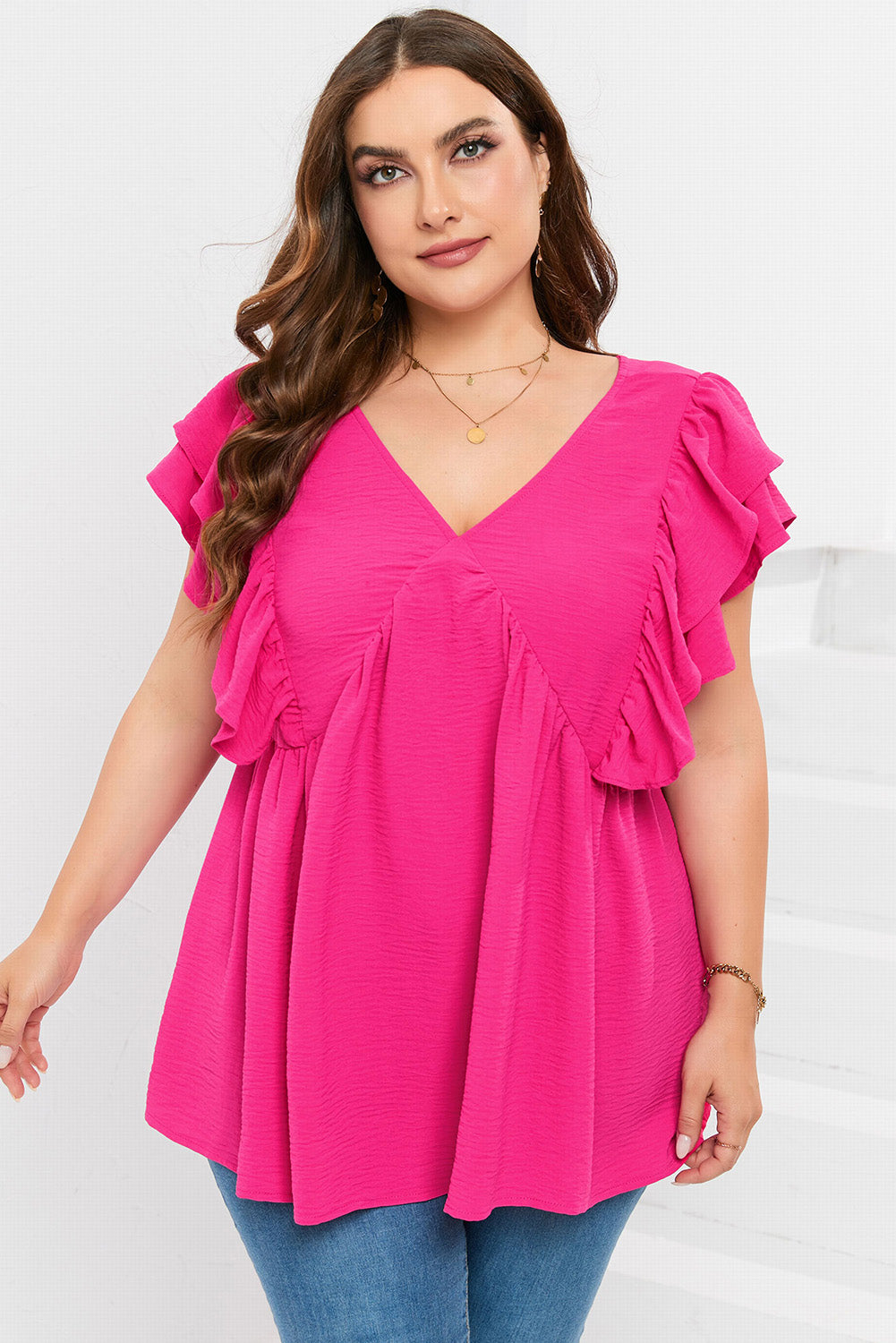 Plus Size Ruffle V Neck Tie Back Tunic Top