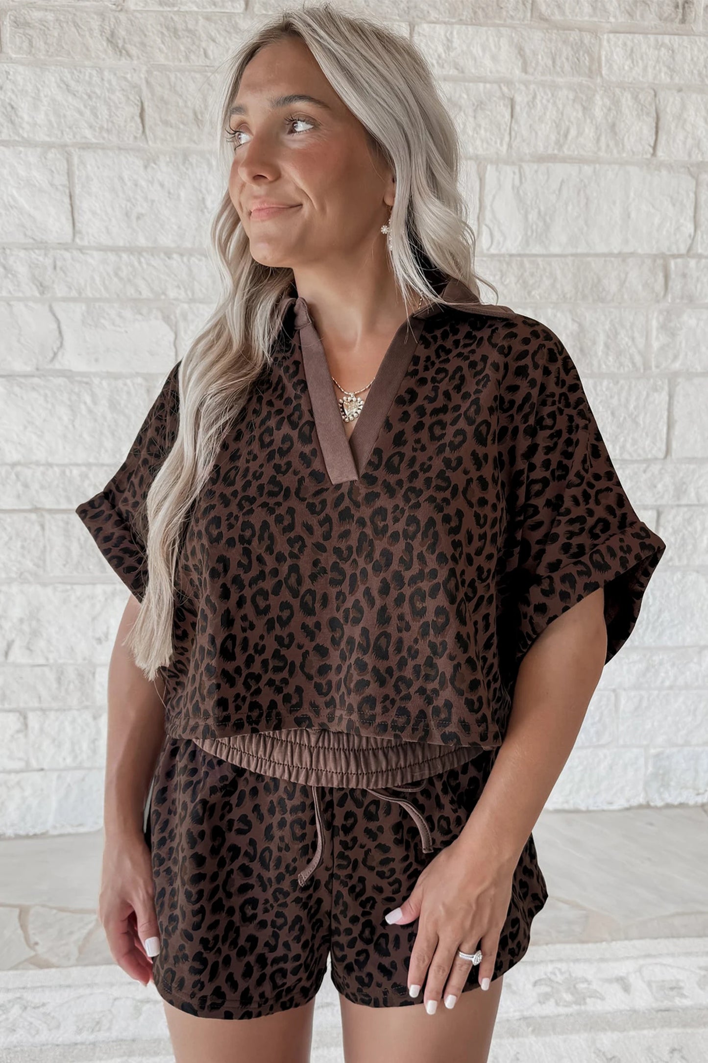 Brown Leopard Collared V Neck Top & Shorts Set