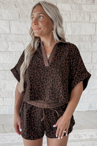 Brown Leopard Collared V Neck Top & Shorts Set