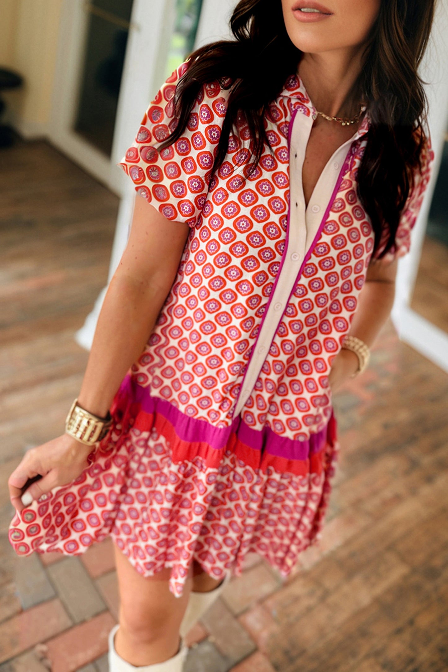 Orange Geometric Print Button Front Ruffle Hem Mini Dress