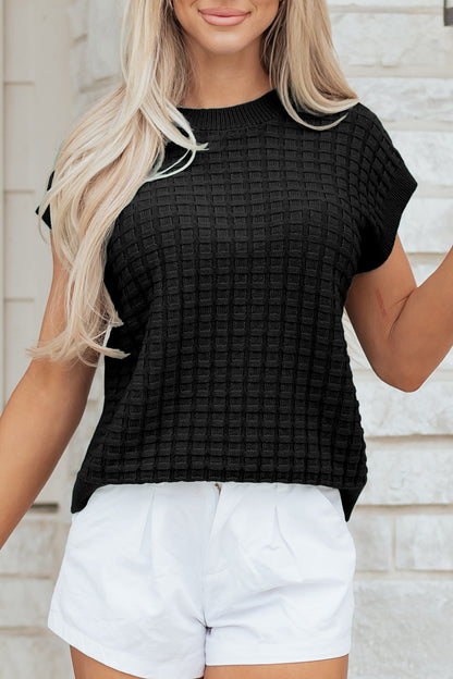 Mist Green Textured Knit Short Sleeve Sweater Top