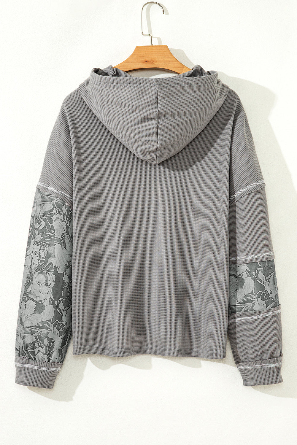 Cinnamon Waffle Printed Patchwork Drawstring Hooded Long Sleeve Top