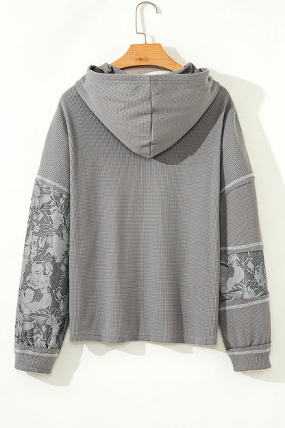 Cinnamon Waffle Printed Patchwork Drawstring Hooded Long Sleeve Top