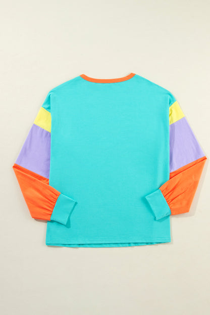 Green Colorblock Patchwork Long Sleeve Loose Top