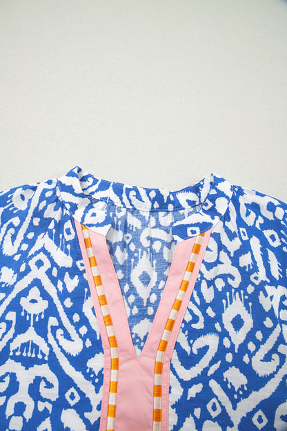 Boho Ikat Print V Neck Shift Dress Summer Mini Dress