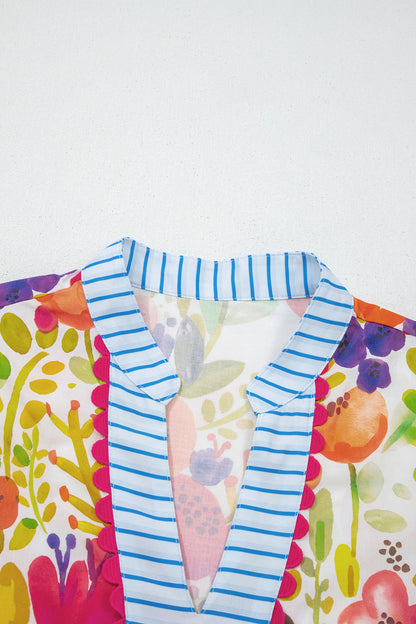 Easter Floral Ricrac Trim V Neck Tiered Mini Dress