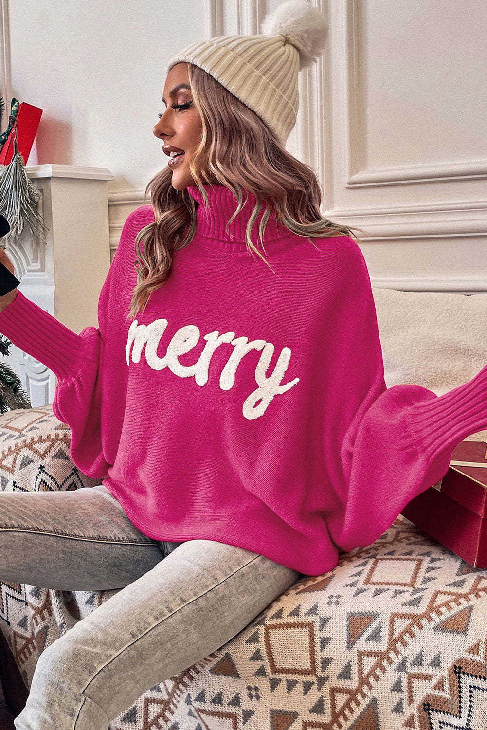 Women's Merry Letter Embroidered High Neck Sweater