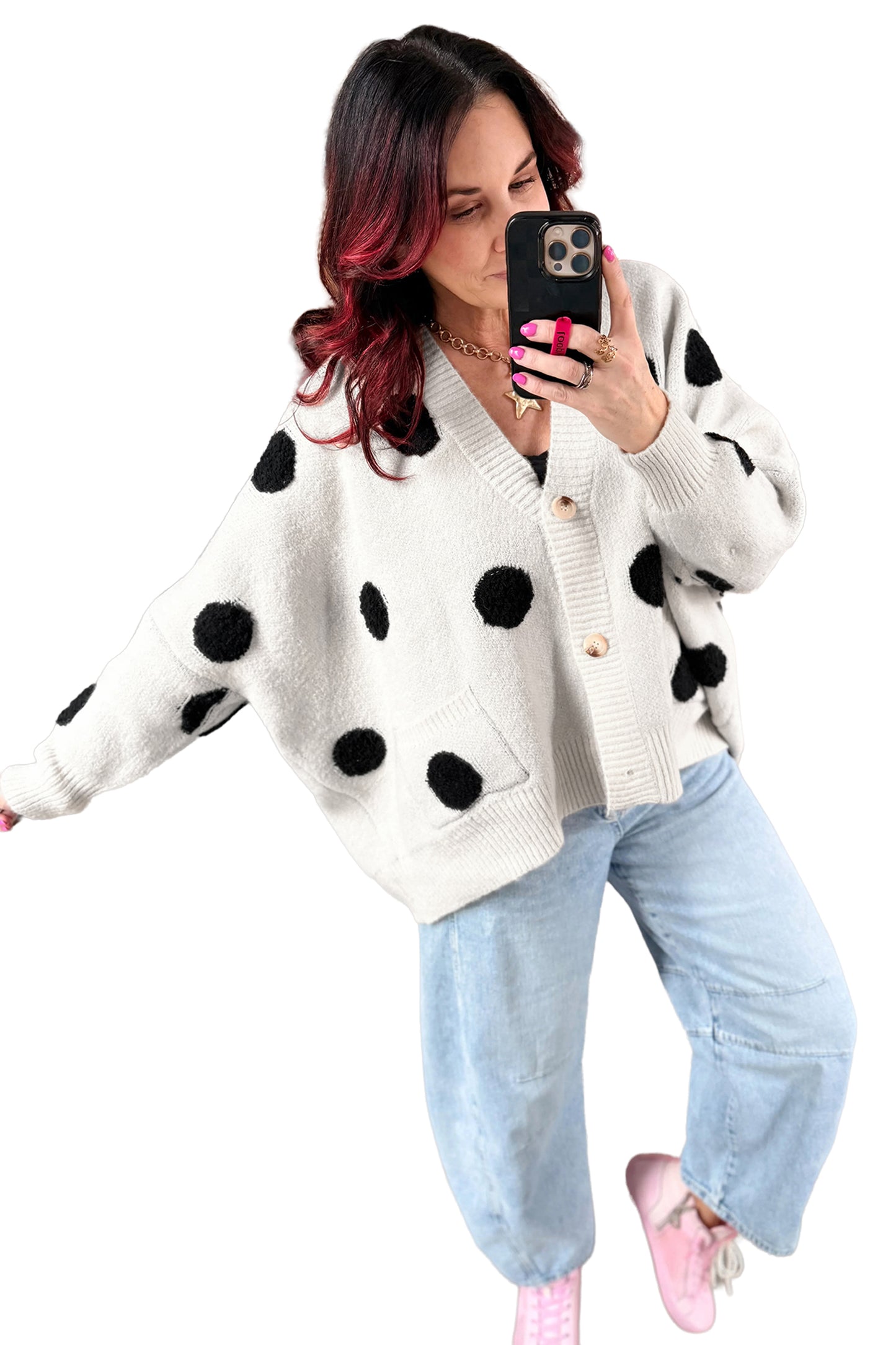 Polka Dot Oversized V Neck Knit Cardigan Sweater