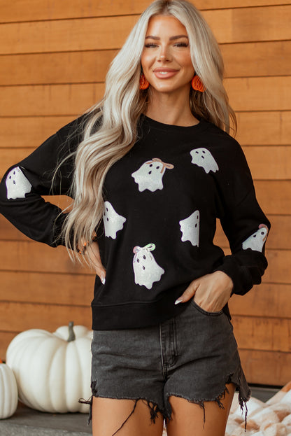 Black Sequin Ghost Bow Halloween Crew Neck Pullover Sweatshirt