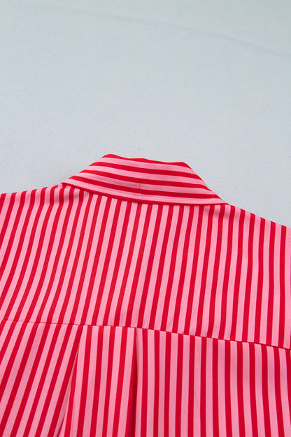 Red Stripe Tie Front Button Up Long Sleeve Casual Shirt
