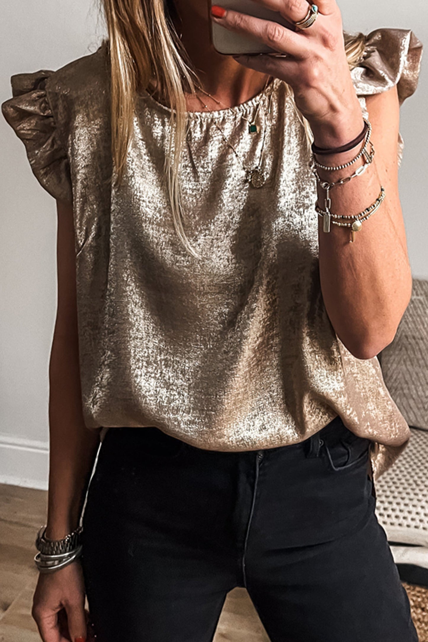 Silver Metallic Ruffle Shoulder Sleeveless Party Top