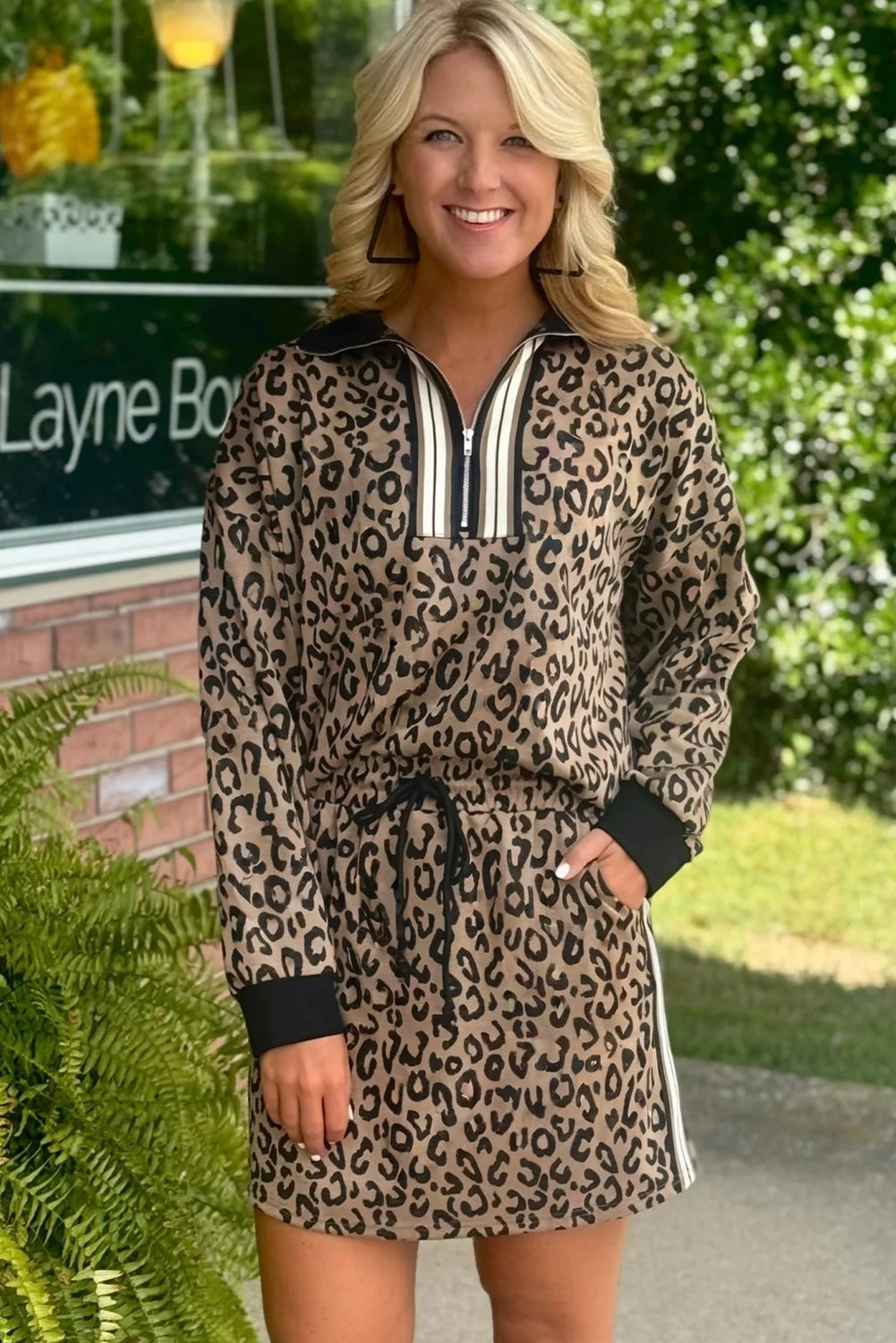 Jet Stream Leopard Print Quarter Zip Long Sleeve Top Drawstring Mini Skirt Varsity 2pcs Set