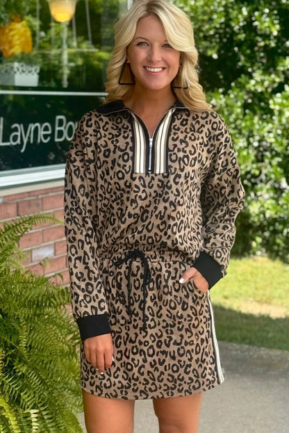 Jet Stream Leopard Print Quarter Zip Long Sleeve Top Drawstring Mini Skirt Varsity 2pcs Set