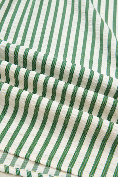 Khaki Striped Split Neck Puff Sleeve Blouse Top