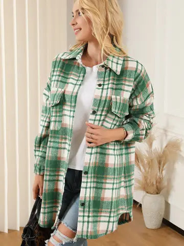 Plaid Long Sleeve Shacket with Flap Pockets