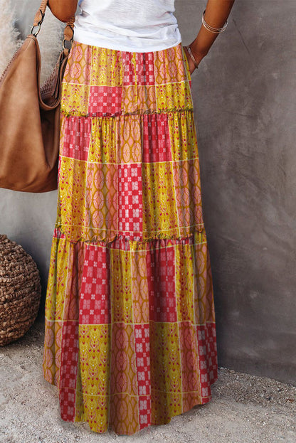 Paisley Print Tiered Maxi Skirt with Pockets