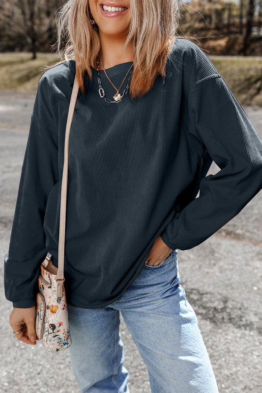 Vintage Washed Corduroy Rib Knit Oversized Sweatshirt