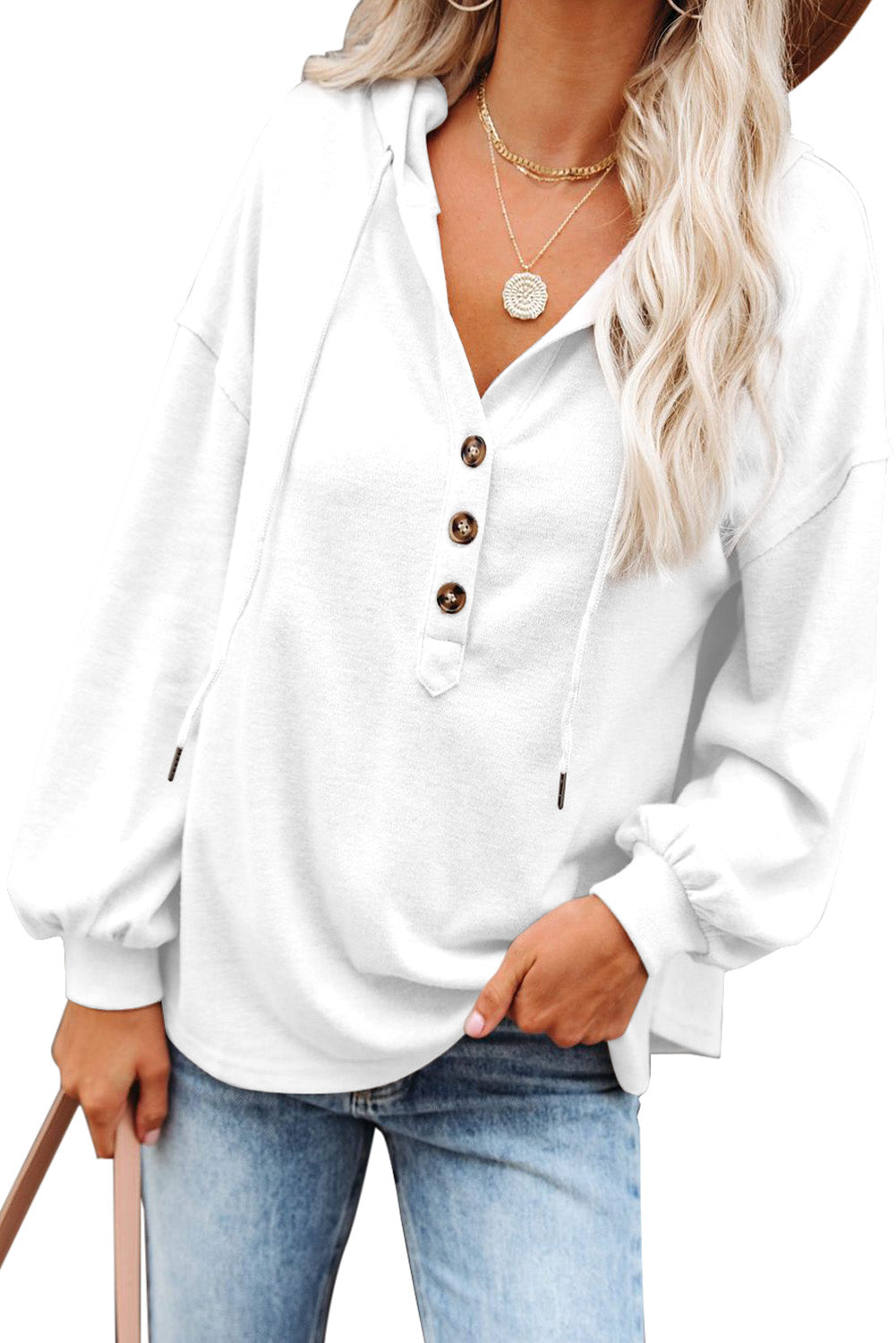 Buttoned High and Low Hem Hoodie