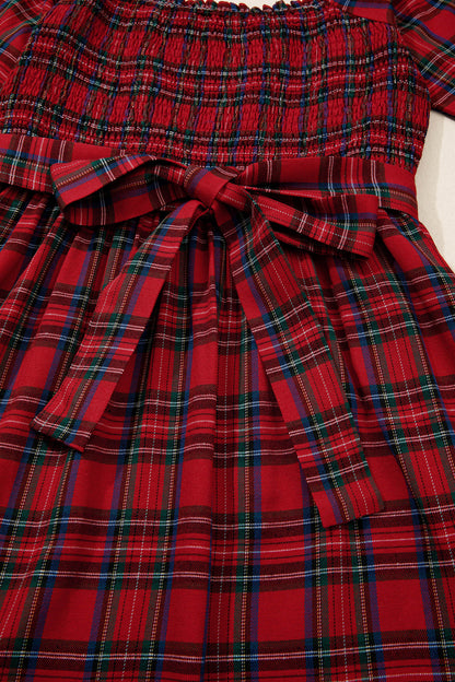 Red Tartan Plaid Puff Sleeve Smocked Waist Christmas Dress