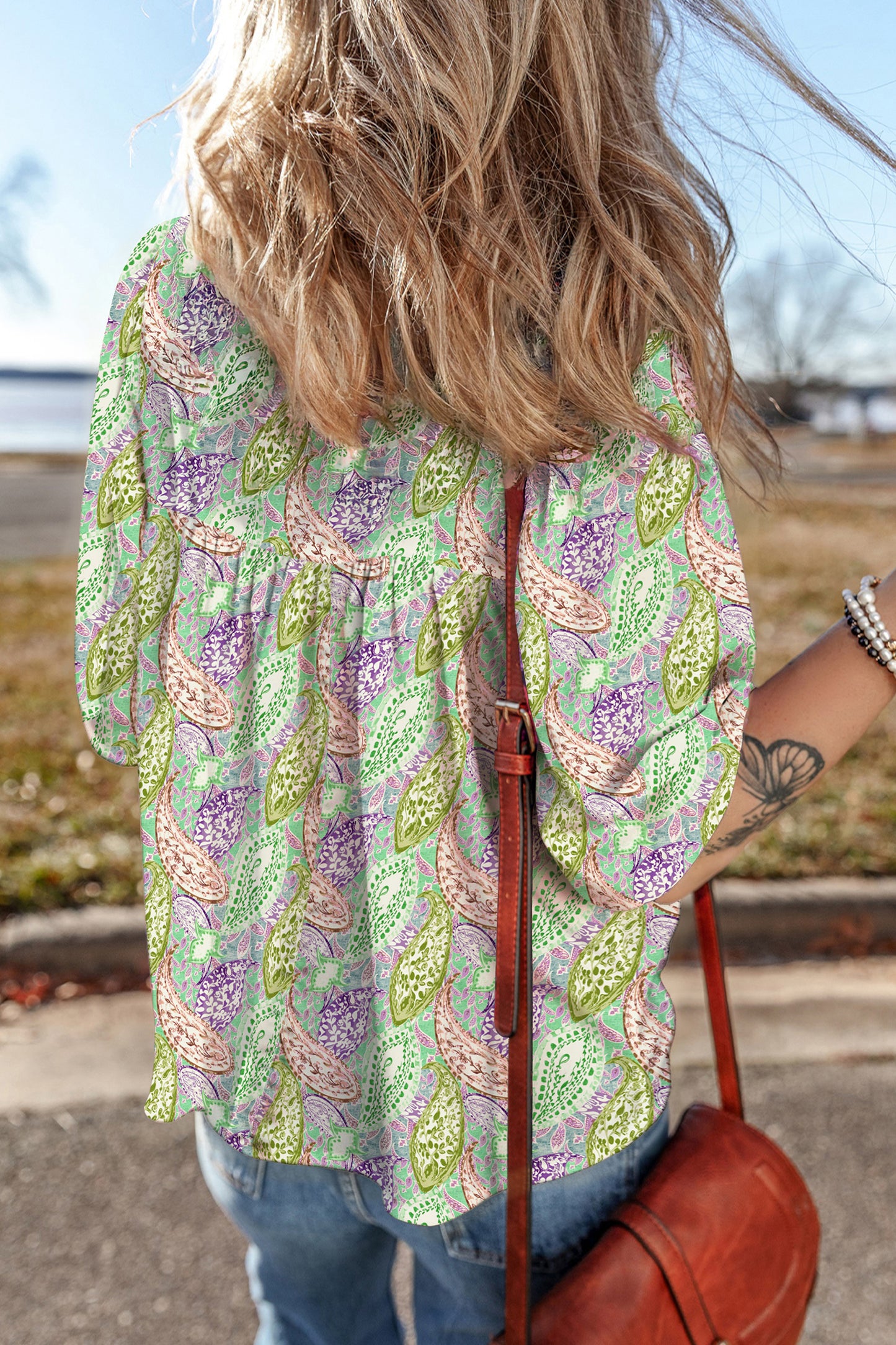 Green Boho Paisley Split Neck Puff Sleeve Blouse