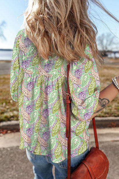 Green Boho Paisley Split Neck Puff Sleeve Blouse