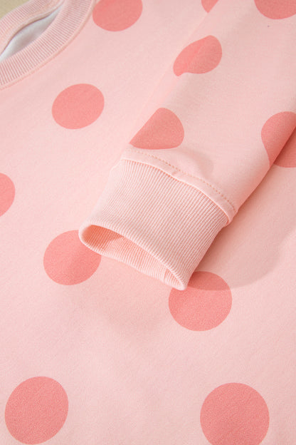 Pink Polka Dot Drop Shoulder Pullover Shorts Set