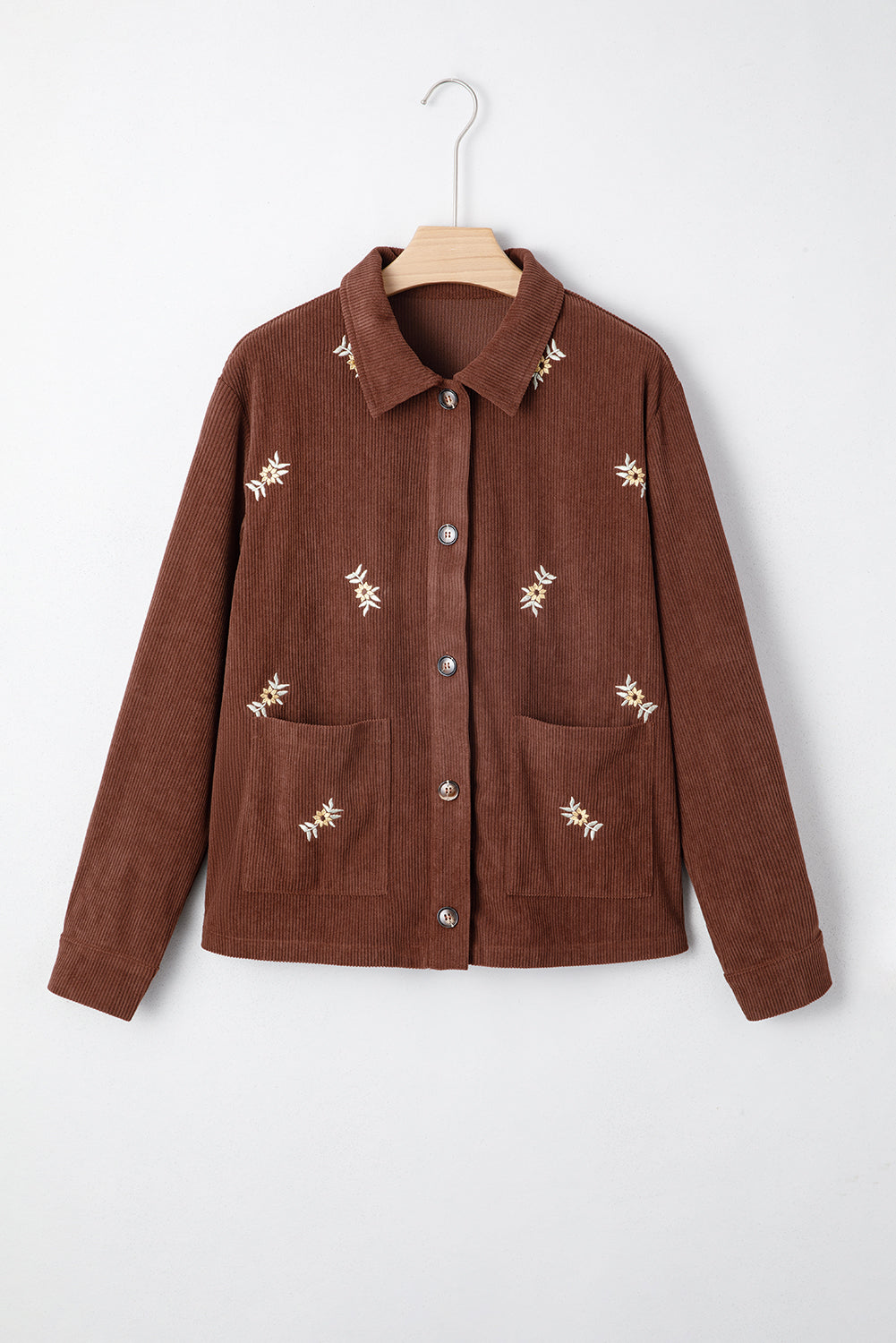 Coffee Corduroy Floral Embroidered Button Front Jacket