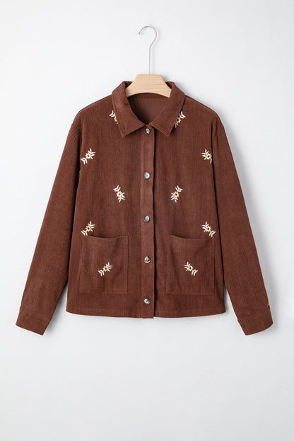 Coffee Corduroy Floral Embroidered Button Front Jacket
