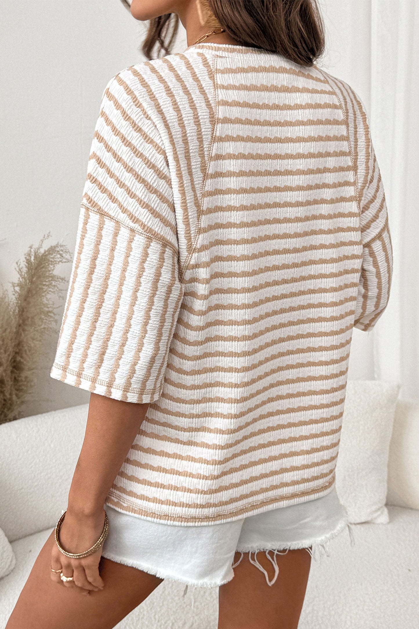 Apricot Stripe Textured Loose Fit Short Sleeve Top