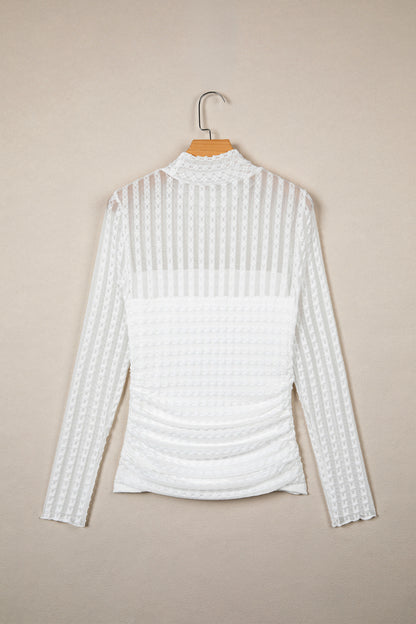 Beige Textured Sheer Lace High Neck Long Sleeve Top