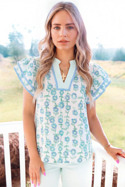 Blue Floral V Neck Short Sleeve Blouse Summer Top
