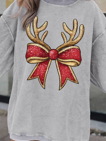 Christmas Antler Bow Graphic Corded Pullover Sweatshirt