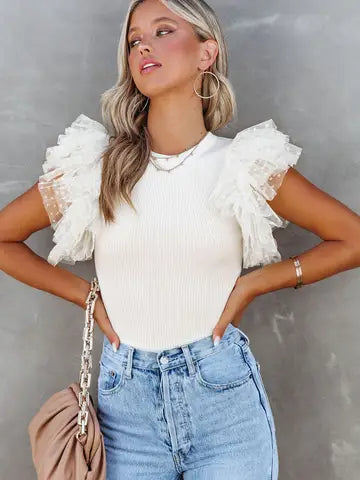 White Polka Dot Mesh Ruffle Sleeve Ribbed Knit Top