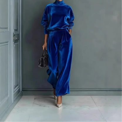 Velvet Mock Neck Wide Leg Pants Two Piece Lounge Set