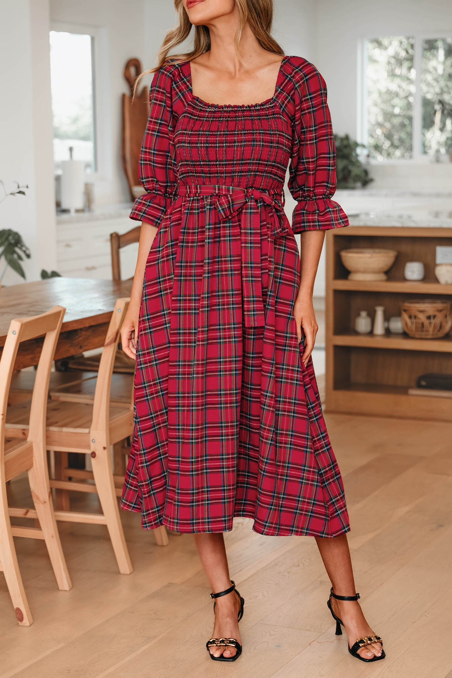 Red Tartan Plaid Puff Sleeve Smocked Waist Christmas Dress