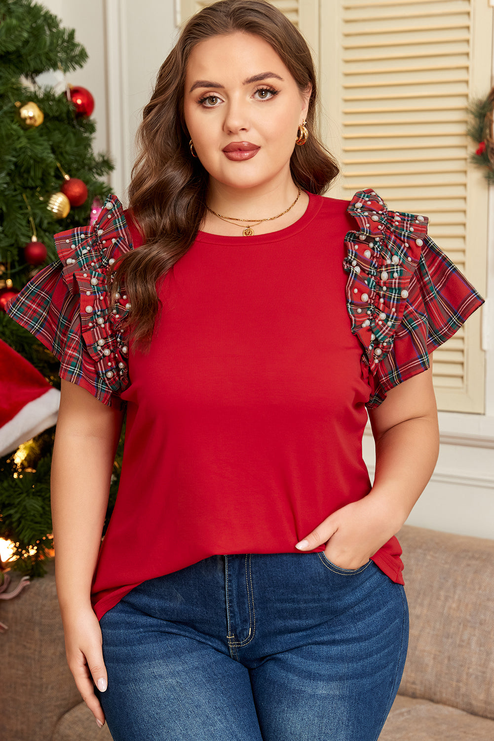 Plus Size Red Plaid Ruffle Sleeve Christmas Holiday Top