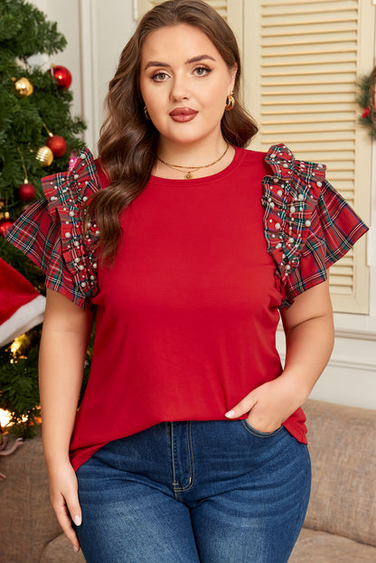 Plus Size Red Plaid Ruffle Sleeve Christmas Holiday Top