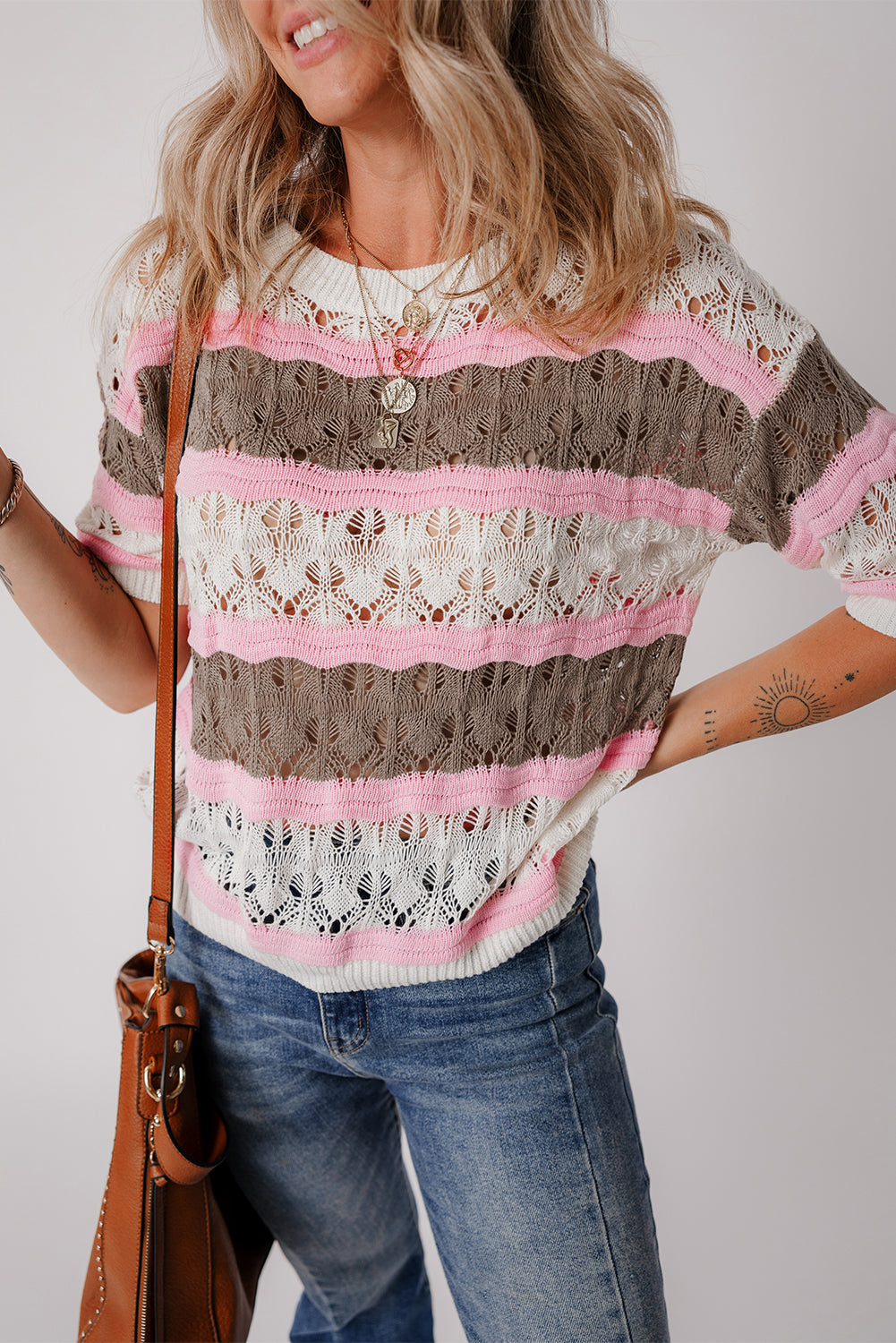 Purple Stripe Color Block Hollow Out Crochet Half Sleeve Sweater